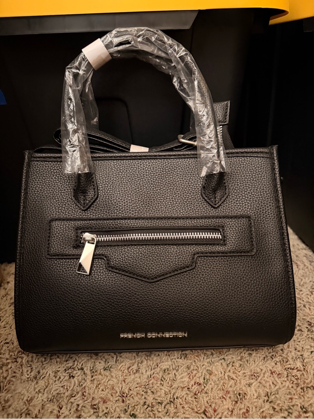 French Connection Black Pebbled Satchel with Front Zip Detail